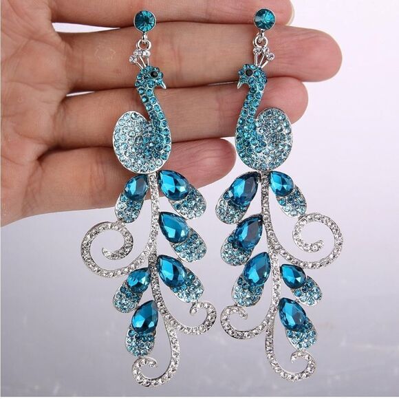 Silver with Aquamarine Blue and Diamond Austrian Crystal Peacock Post Earrings - Picture 3 of 5